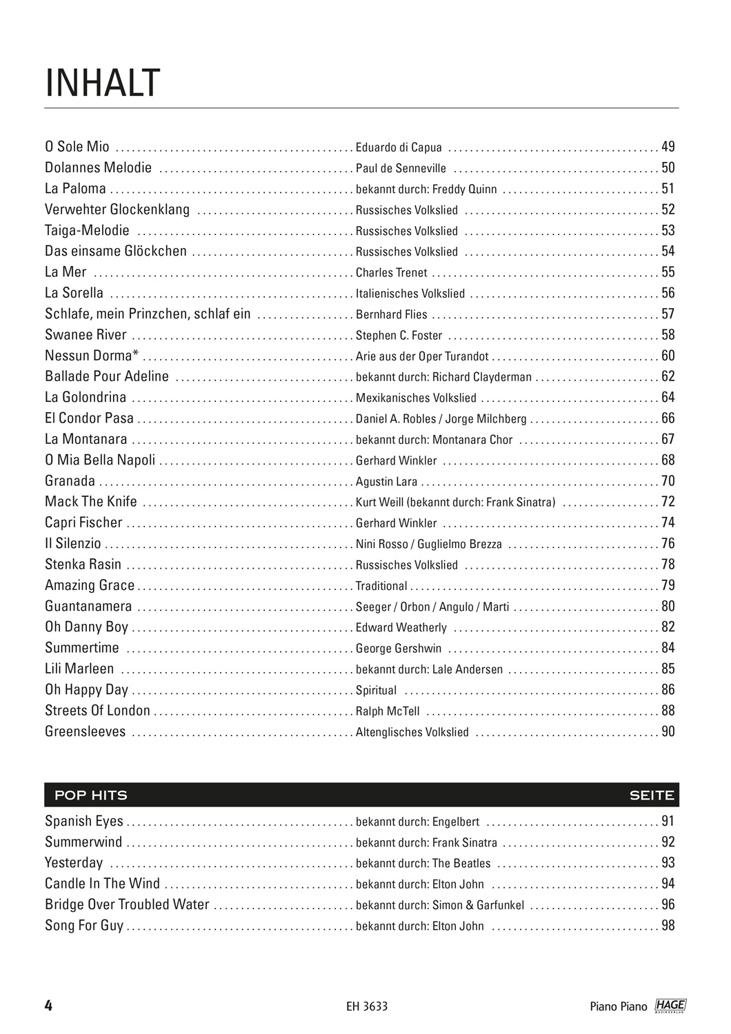 Der weiße Text "Inhalt" und eine Liste von Liedtiteln und dazugehörigen Komponisten, alles aus dem "Piano Piano 1 Songbook für Klavier", sind auf einer weißen Seite mit schwarzer Schrift abgebildet.