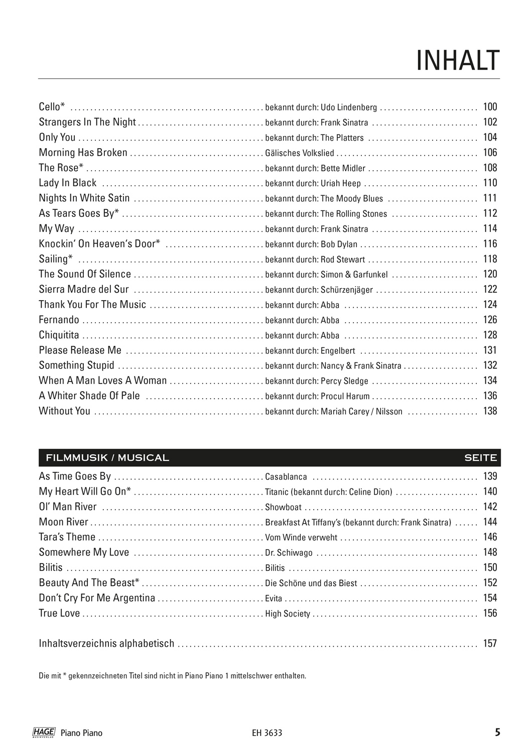 Ausschnitt aus dem Inhaltsverzeichnis von "Piano Piano 1 Songbook für Klavier", das in schwarzer Schrift auf weißem Hintergrund Titel von Liedern und Musicals sowie Seitenzahlen auflistet.