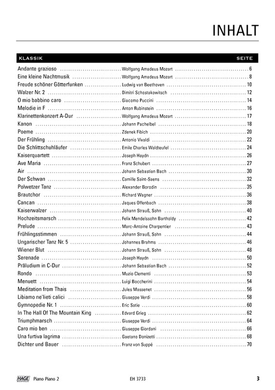 Das Bild zeigt eine weiße Seite aus dem "Piano Piano 2 Songbook für Klavier" mit einem schwarzen Inhaltsverzeichnis, das nach Komponist und Seitenzahl geordnet ist.