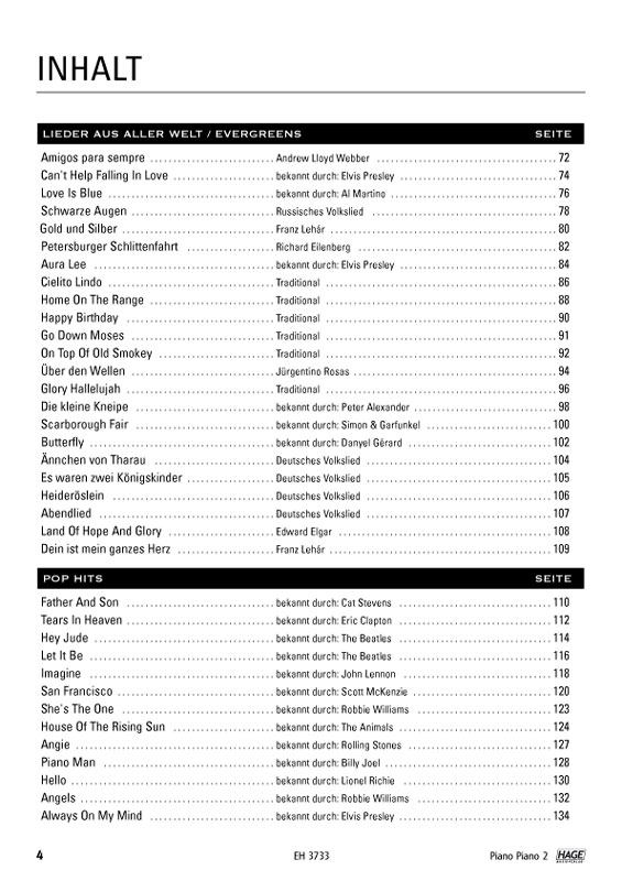 Eine schwarz-weiße Abbildung zeigt die Inhaltsangabe des "Piano Piano 2 Songbooks für Klavier" mit Listen von Liedern nach Kategorien wie "Lieder aus aller Welt / Evergreens" und "Pop Hits" mit zugehörigen Seitenzahlen und Hinweisen, wer die Lieder interpretiert hat.