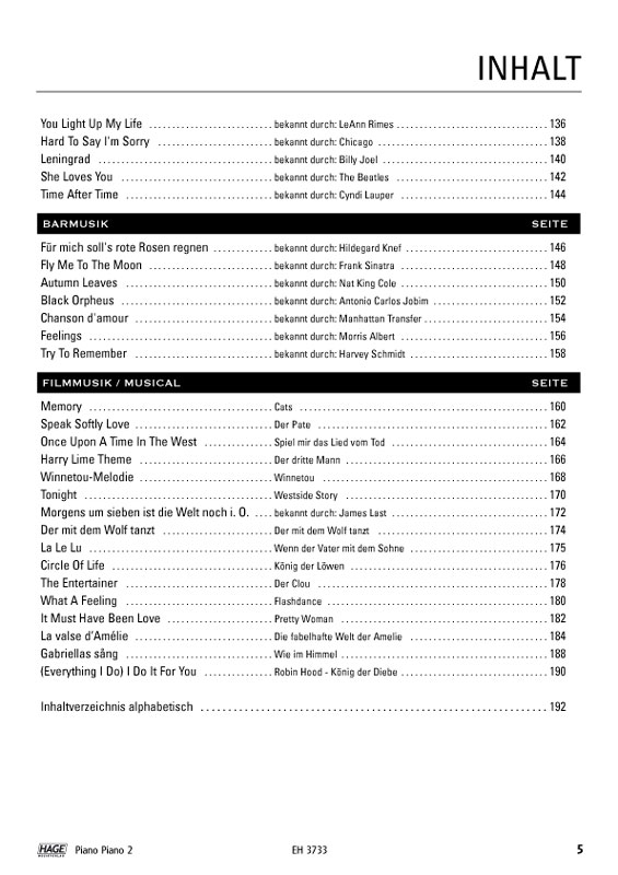 Das schwarz-weiße Bild zeigt eine Seite aus dem "Piano Piano 2 Songbook für Klavier" mit der Inhaltsangabe, die nach Genre sortiert ist, inklusive Informationen zu Titel, Interpret und Seitenzahl der Lieder.