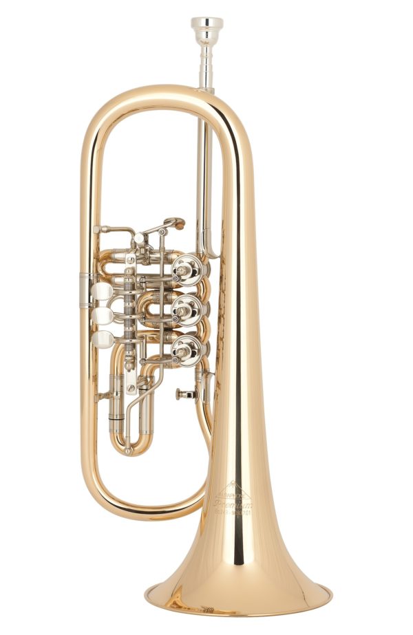 Das Bild zeigt ein glänzendes, goldfarbenes Miraphone 24R 1100 A100 Bb-Flügelhorn mit silberfarbenen Ventilen und einem silberfarbenen Mundstück vor einem weißen Hintergrund.