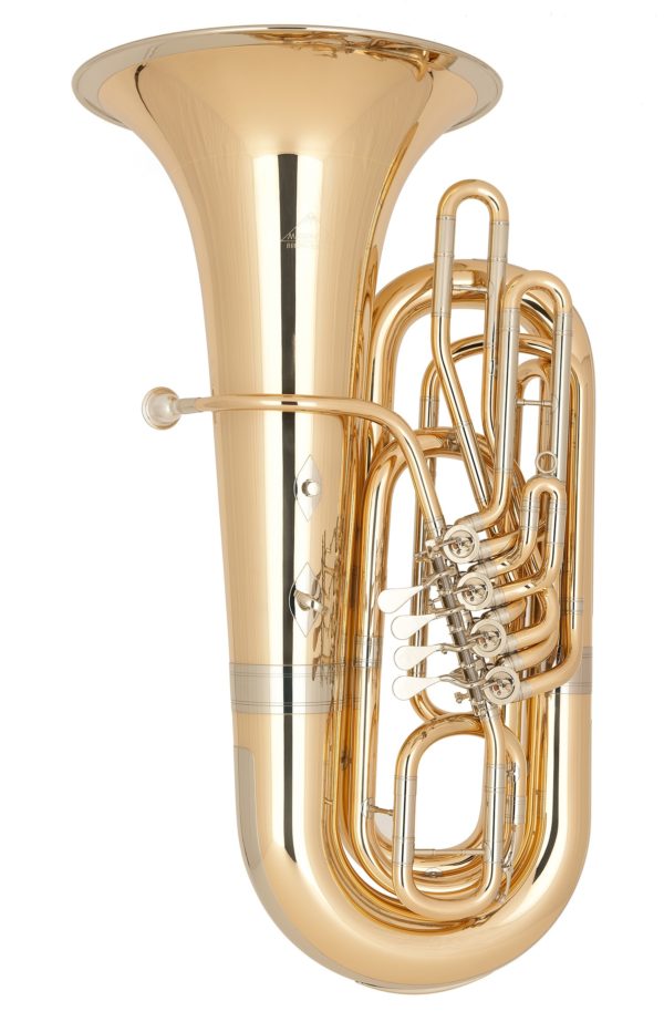 Das Bild zeigt eine goldfarbene Miraphone Bb-Tuba 289A 11000 vor einem weißen Hintergrund.