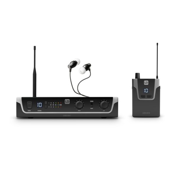 Abgebildet ist ein schwarzes LD U306 IEM HP In-Ear-Monitoring System, bestehend aus einem Sender mit Antenne, zwei In-Ear-Kopfhörern und einem Empfänger mit Antenne.