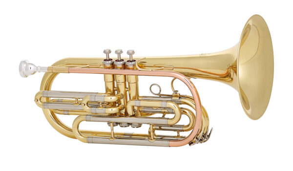 Eine goldfarbene MTP Bb-Basstrompete 710-II mit silberfarbenen und kupferfarbenen Akzenten ist vor einem weißen Hintergrund abgebildet.