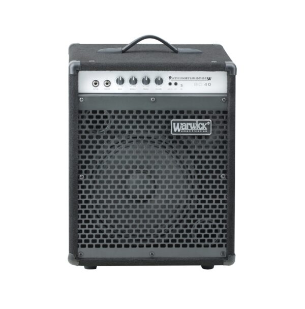 Der schwarze Warwick BC-40 E-Bass Verstärker in Quaderform hat oben ein Bedienfeld mit silberfarbenen Details und fünf Drehknöpfen, darunter ein graues Lautsprechergitter mit dem Warwick-Logo.