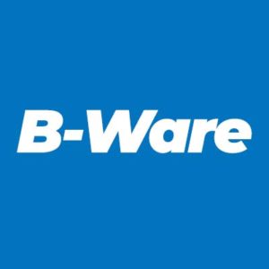 Auf blauem Hintergrund befindet sich der weiße Schriftzug "B-Ware" in serifenloser Schrift.