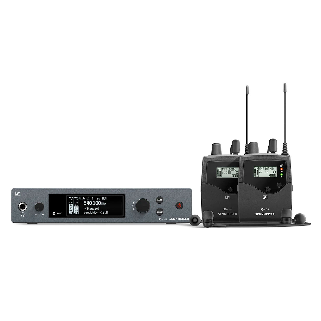Abgebildet ist das Sennheiser ew IEM G4 Twin A-Band In-Ear Monitorsystem, bestehend aus einem grauen Sender in Rackmount-Bauform und zwei schwarzen, tragbaren Empfängern mit Antennen sowie zugehörigen Ohrhörern.
