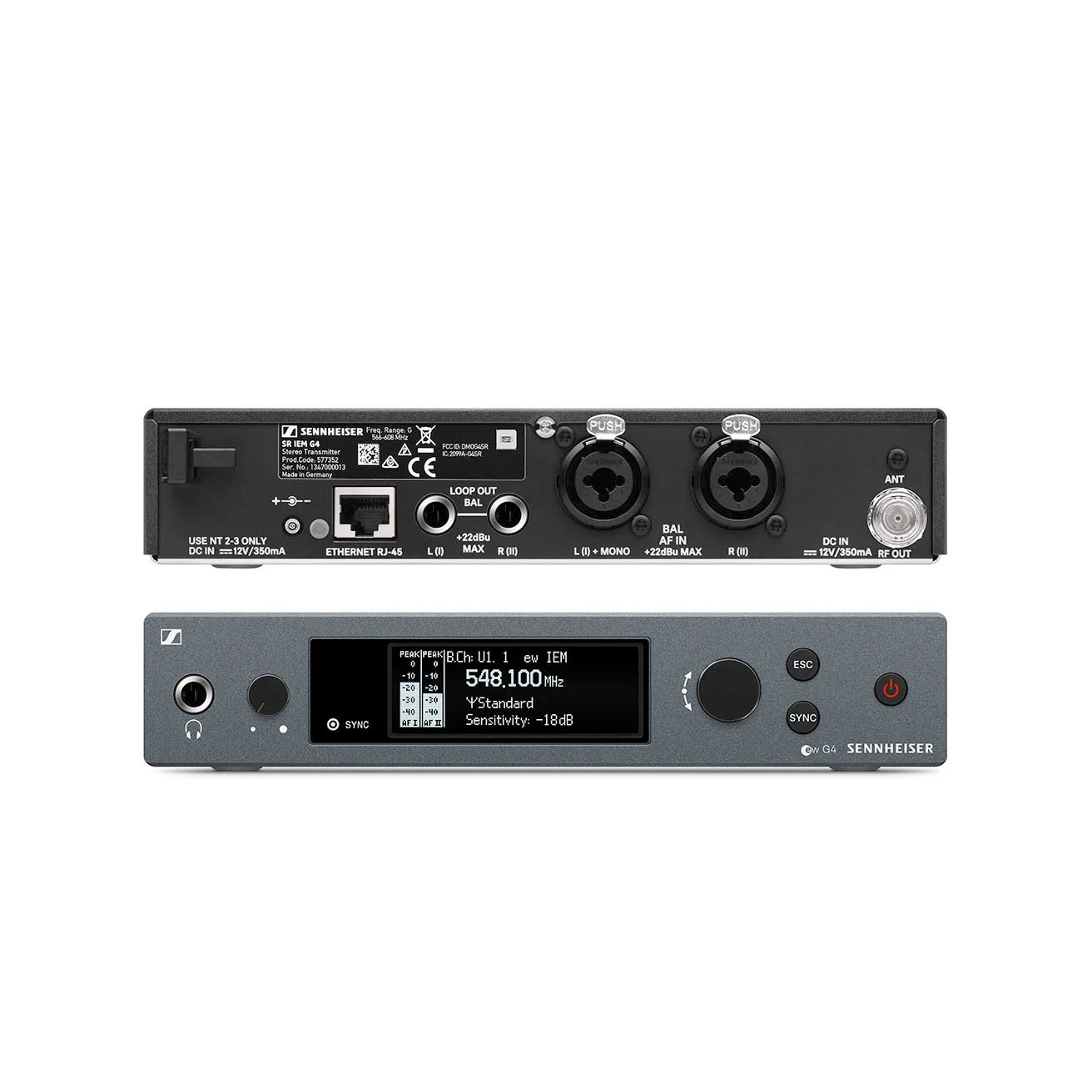 Das Bild zeigt die Vorder- und Rückseite eines dunkelgrauen "Sennheiser ew IEM G4 Twin A-Band" Empfängers mit verschiedenen Anschlüssen und einem Display auf der Vorderseite.