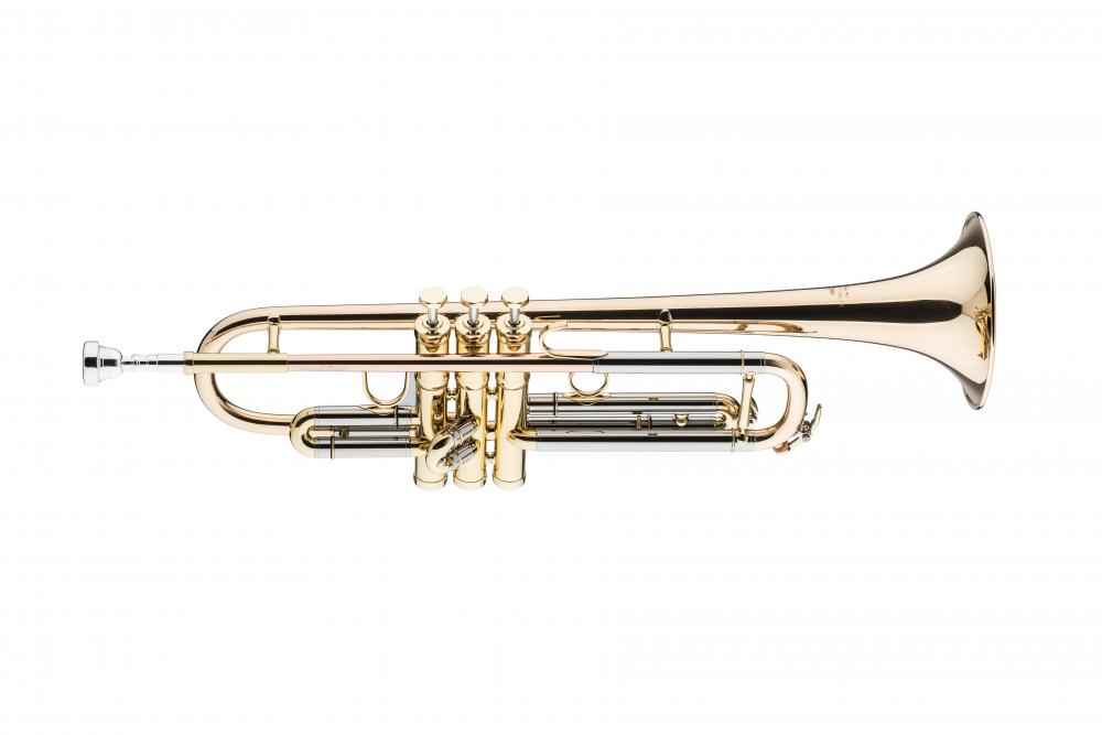 Abgebildet ist eine goldfarbene Schagerl Bb-Trompete des Modells Las Vegas Academica vor einem weißen Hintergrund.