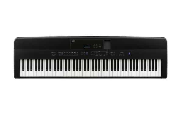 Das Bild zeigt ein schwarzes Kawai ES-520 B Stagepiano mit weißen und schwarzen Tasten vor einem weißen Hintergrund.