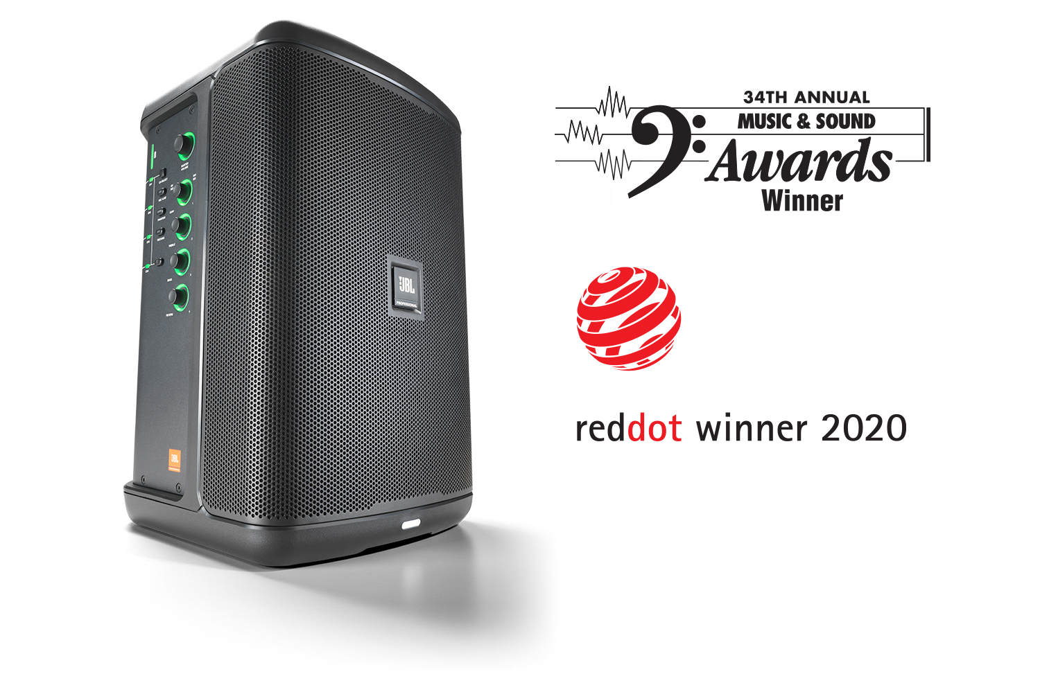 JBL EON One Compact Gesamtschrägansicht des Lautsprechers mit rechtsseitiger Schrift: "34TH Annual Music & Sound Awards Winner reddot winner 2020". Produktbild