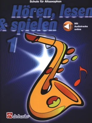 Hören, Lesen, Spielen Schule 1 für Altsaxophon mit Audiotracks online von vorne Produktbild