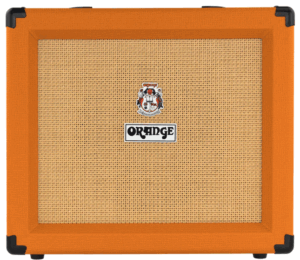 Ein orangefarbener Orange Crush 20RT Verstärker mit einem hellbraunen, gewebten Lautsprechergitter und dem "ORANGE"-Logo in der Mitte ist abgebildet.