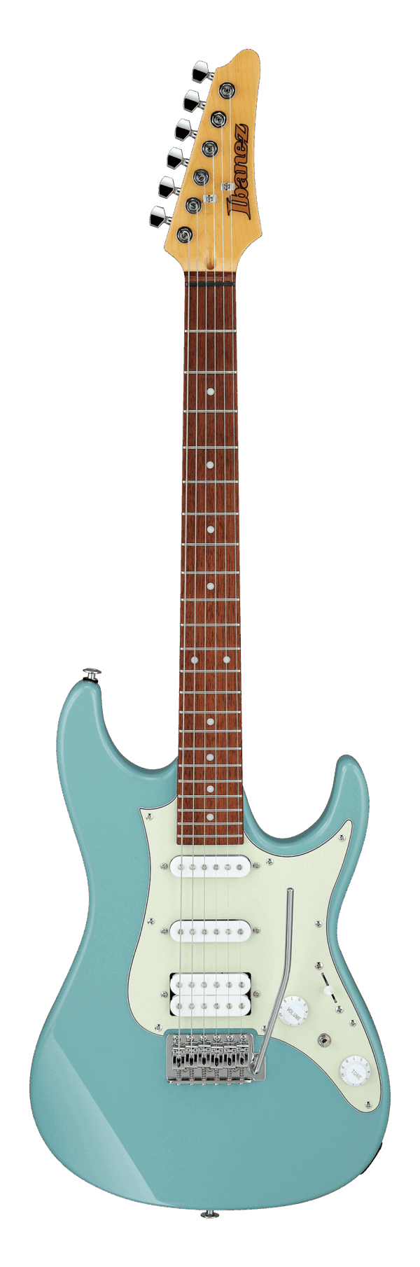 Abgebildet ist eine Ibanez AZES40 Purist Blue E-Gitarre mit blauem Korpus, einem hellen Ahornhals, einem dunklen Griffbrett mit weißen Punktmarkierungen und einem weißen Schlagbrett mit drei Tonabnehmern.