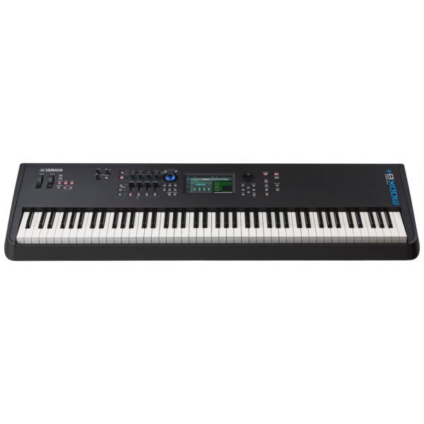 Ein schwarzer Yamaha Synthesizer MODX8+ mit weißen und schwarzen Tasten ist frontal aufgenommen.