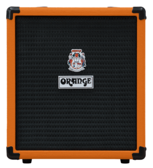 Der Orange Crush Bass 25 Bassverstärker hat ein orangefarbenes Gehäuse mit schwarzen Kunststoffecken, eine schwarze Stoffbespannung, das Orange-Logo in Silber auf einem schwarzen Rechteck und ein kleines farbiges Logo direkt darüber.
