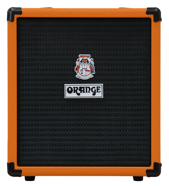 Der Orange Crush Bass 25 Bassverstärker hat ein orangefarbenes Gehäuse mit schwarzen Kunststoffecken, eine schwarze Stoffbespannung, das Orange-Logo in Silber auf einem schwarzen Rechteck und ein kleines farbiges Logo direkt darüber.