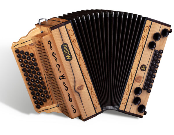 Abgebildet ist eine Müller Fichte Antik Steirische Harmonika mit schwarzem Balg, Knöpfen und Verzierungen auf hellem Holz.