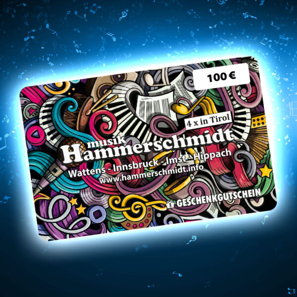 100 Euro Gutschein Colorierte Abbildung eines Geschenkgutscheines mit der Aufschrift" 100 Euro 4x in Tirol musik Hammerschmidt Wattens - Innsbruck - Imst - Hippach www. hammerschmidt.info Geschenkgutschein Produktbild