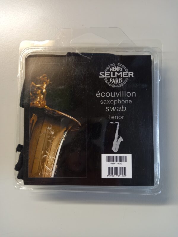 Selmer Tenorsax Mikrofasertuch Frontansicht der gefüllten Verpackung inkl. Abbildung eines Saxophones und Produktbeschreibung Produktbild