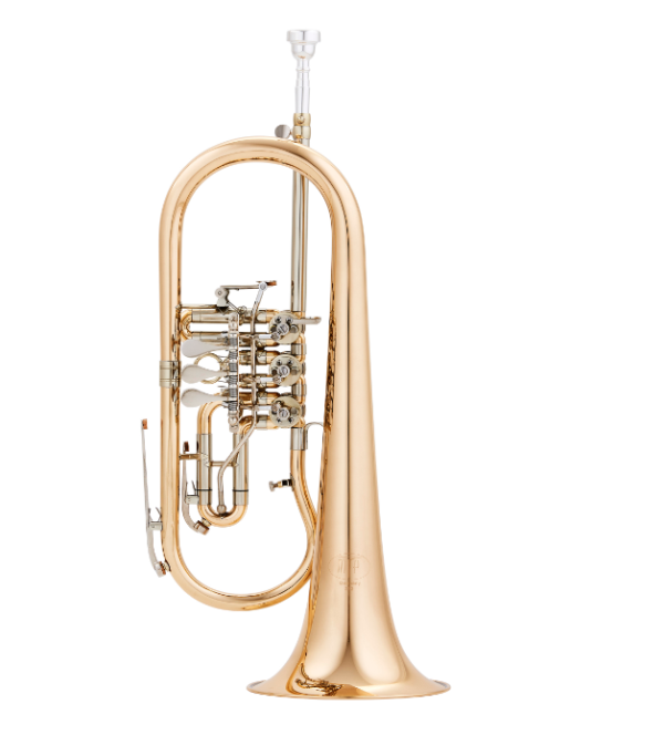 MTP B-Flügelhorn Mod. 212 Frontschrägansicht des geschlossenen Etuis Produktbild Seitengesamtansicht des Instruments Produktbild