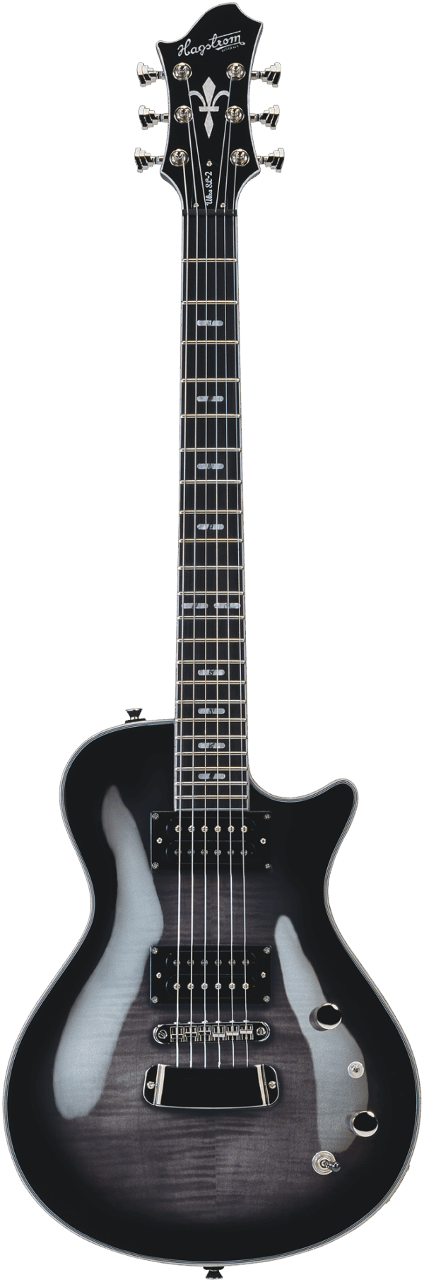 Das Bild zeigt eine Hagstrom Ultra Swede Cosmic Black Burst E-Gitarre in voller Ansicht mit einem schwarzen bis grau verlaufenden Korpus, silberfarbenen Mechaniken und einem dunklen Griffbrett mit quadratischen Markierungen.