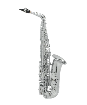 Ein versilbertes Selmer Supreme Altsaxophon ist vor einem schwarzen Hintergrund abgebildet.