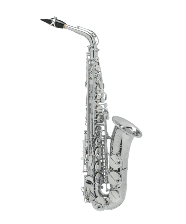 Ein versilbertes Selmer Supreme Altsaxophon ist vor einem schwarzen Hintergrund abgebildet.