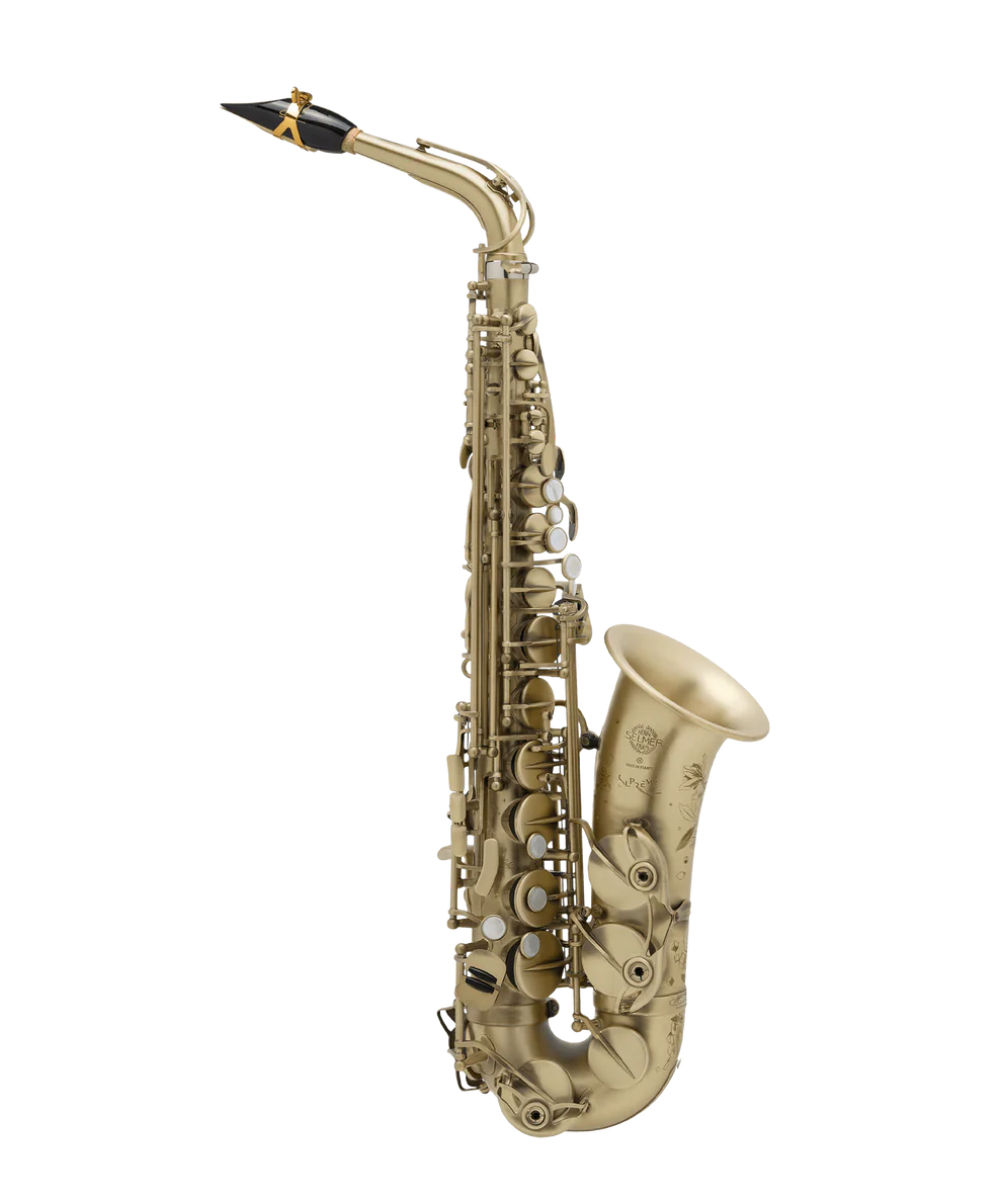 Selmer Supreme Alt Saxophon patiniert Ansicht vorne seitlich Produktbild