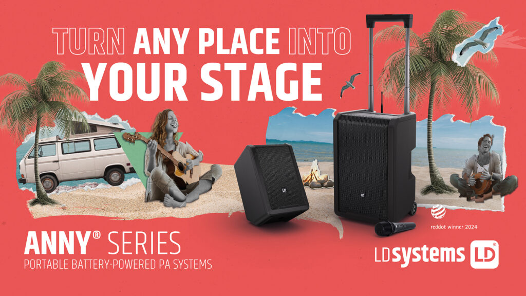 Eine rote Werbeanzeige für LD Systems Anny® Serie zeigt zwei schwarze Lautsprecher, einen liegend und einen mit Rollen und Griff, auf einem Strand mit Palmen, einem weißen VW-Bus, einer Gitarre spielenden Person am Strand und dem Slogan "TURN ANY PLACE INTO YOUR STAGE".