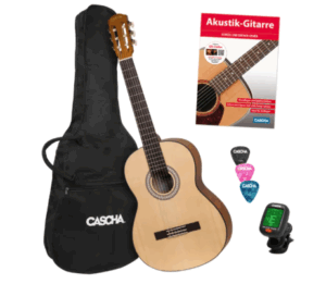 Cascha HH 2354 Konzertgitarren Set 1/2 mit Plektren, Heft, Stimmgerät und Tasche auf weißem Untergrund Produktbild