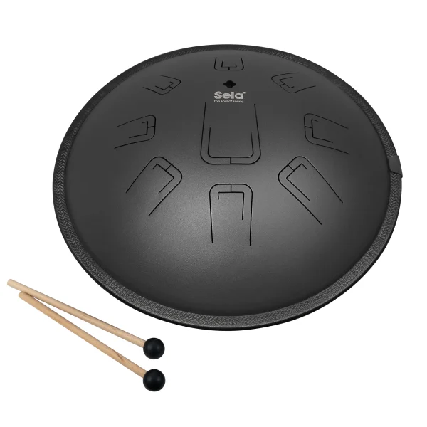 Sela Melody Tongue Drum 14" D Kurd Black SE 380-Abverkauf Ansicht von oben mit Schlägel Produktbild