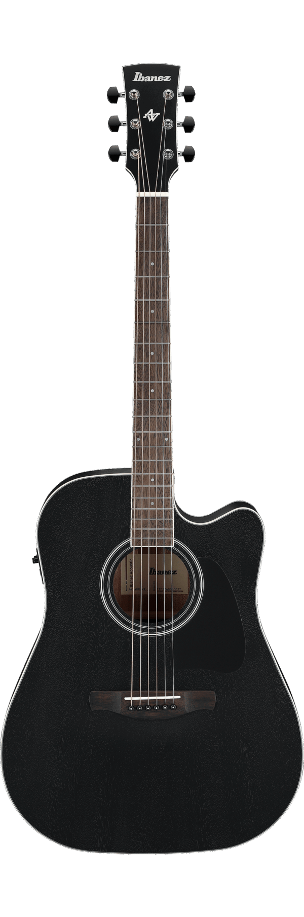 Das Bild zeigt eine Ibanez AW84CE-WK Westerngitarre mit schwarzer Decke und einem Cutaway.