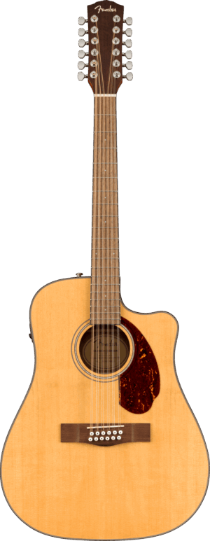 Das Bild zeigt eine Fender CD-140SCE-12 WA Nat, eine zwölfsaitige Akustikgitarre mit Cutaway, hellem Holzfinish und braunem Schlagbrett.