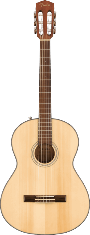 Das Bild zeigt eine Fender CN-60S Konzertgitarre mit hellbraunem Korpus, dunklerem Griffbrett und Kopfplatte sowie silberfarbenen Mechaniken.