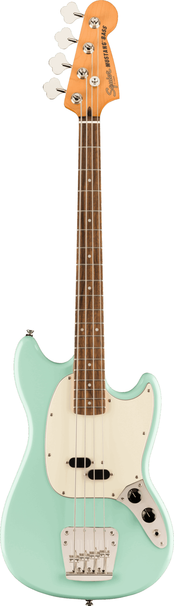 Abgebildet ist ein Squier Classic Vibe 60s Mustang Bass mit mintgrünem Korpus, cremefarbenem Schlagbrett, Ahornhals und Palisandergriffbrett.