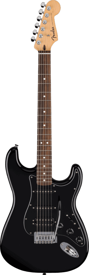 Das Bild zeigt eine schwarze E-Gitarre mit einem hellen Ahornhals und einem dunklen Griffbrett.