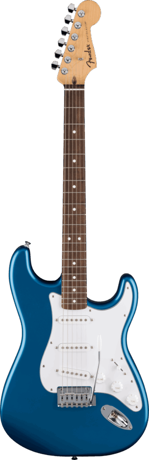 Das Bild zeigt eine blaue Fender Standard Stratocaster E-Gitarre mit weißem Schlagbrett und hellem Ahorngriffbrett.