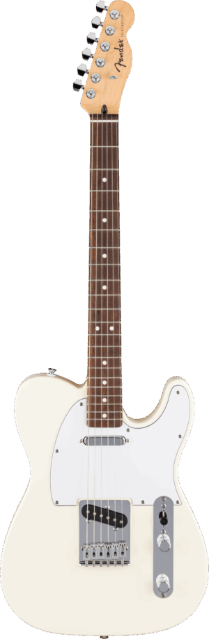 Das Bild zeigt eine weiße Fender Standard Telecaster Gitarre mit einem hellen Ahornhals und einem dunklen Griffbrett.