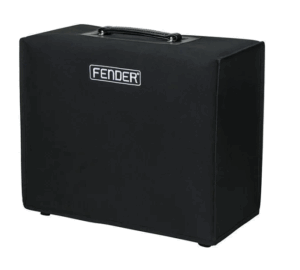Eine schwarze Fender Verstärkertasche mit einem Tragegriff auf der Oberseite und dem Fender-Logo vorne ist auf weißem Hintergrund abgebildet.