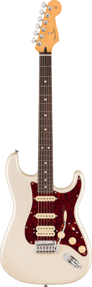 Das Bild zeigt frontal eine Fender Player Stratocaster Modified E-Gitarre mit einem weißen Korpus, einem Schildpatt-Schlagbrett und einem Ahornhals mit dunklem Griffbrett.