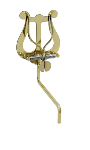 Ein goldfarbener RMB Notenhalter mit einem 3,9 mm x 3,9 mm Messing-Saxophon, der zum Halten und Sichern von Notenständern dient.