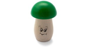 Ein Rohema Pilz Shaker grün 61643 mit einem grünen Pilzkopf und einem hellbraunen Stiel, auf dem ein aufgemaltes Gesicht mit großen Augen und einem lächelnden Mund zu sehen ist.