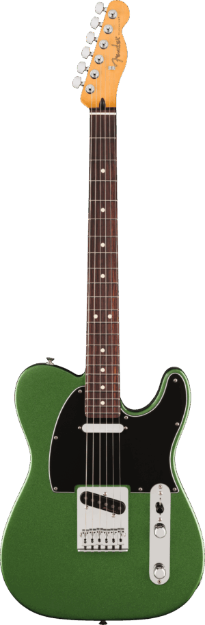 Eine Fender Player II Modified Telecaster in Grün mit schwarzem Schlagbrett und Ahornhals ist frontal abgebildet.