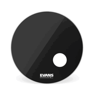 Abgebildet ist ein schwarzes kreisförmiges Evans EQ3 Bass Drum 24" Fell BD24RB mit einem weißen, kreisförmigen Loch am unteren Rand und dem "EVANS"-Logo in Weiß darunter.