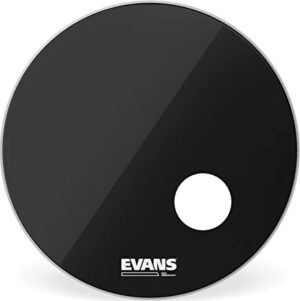Abgebildet ist ein schwarzes Evans EQ3 Resonant BD18RG 18" Schlagzeugfell mit einem kreisrunden, weißen Loch im unteren rechten Feld und dem weißen Evans-Logo.