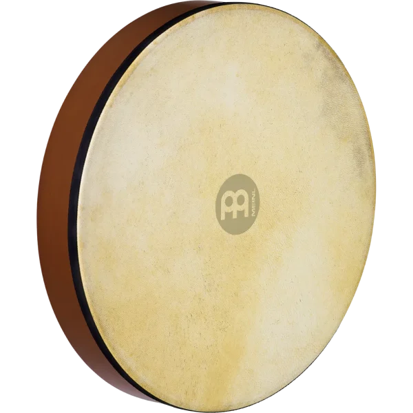 Das Bild zeigt eine kreisrunde Rahmen-Trommel der Marke Meinl (Modell HD16AB), mit einem hellbraunen Fell und einem braunen Holzrahmen.