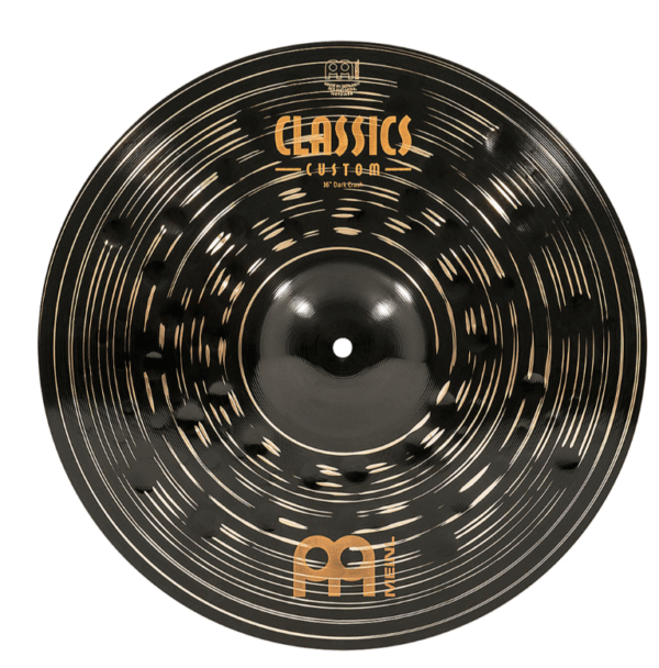 Das Bild zeigt ein Meinl Classics Custom 16" Dark Crash Becken mit dunkler Oberfläche und konzentrischen, hellen Rillen, sowie dem Meinl-Logo in beiger Schrift.