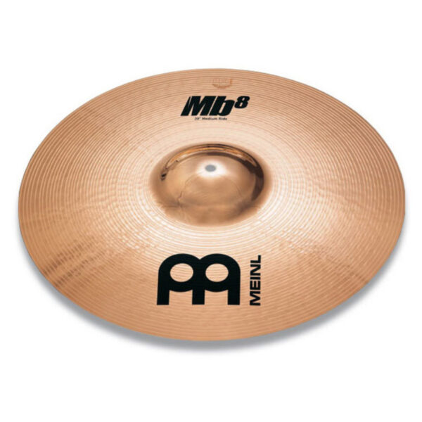 Das Bild zeigt ein bronzefarbenes Meinl Mb8 20" Medium Ride Becken mit sichtbarem Logo und Beschriftung.